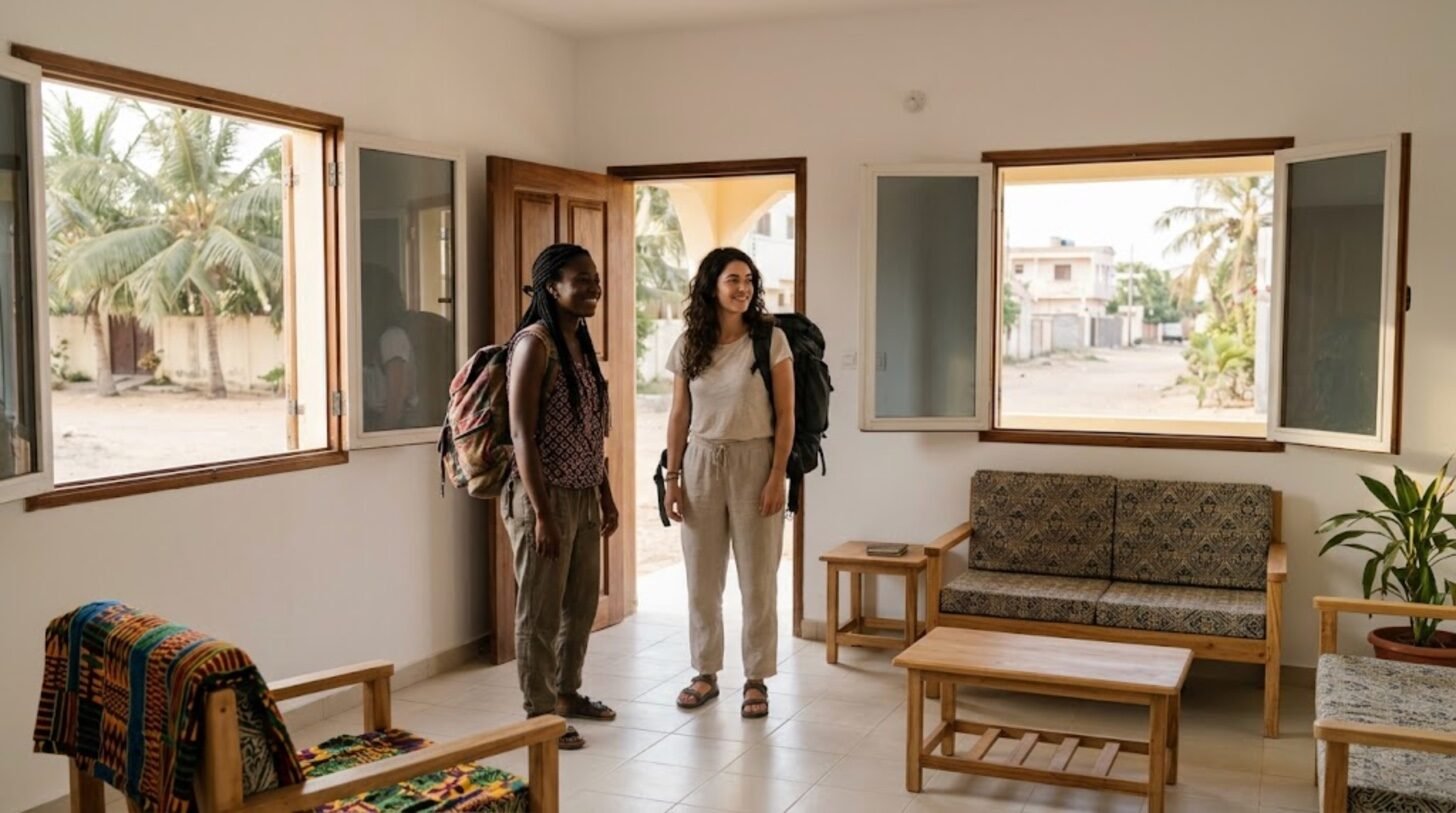 Dos amigas con mochilas llegan a un apartamento recién preparado en Gambia